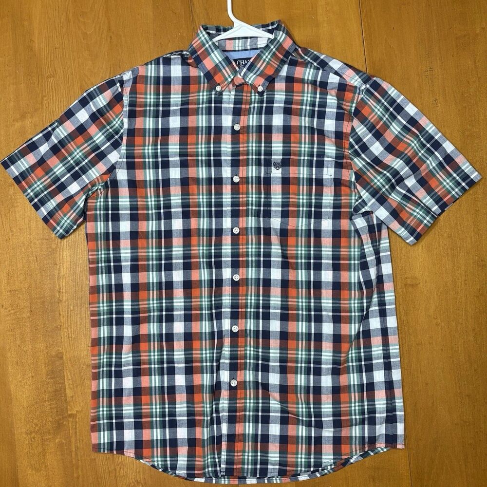 Chaps Shirt Mens Medium Blue Orange Plaid Short Sleeve Button‎ Down Easy Care - Picture 2 of 8